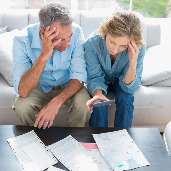 A senior couple reviews financial documents, concerned about their personal debts and future financial stability.